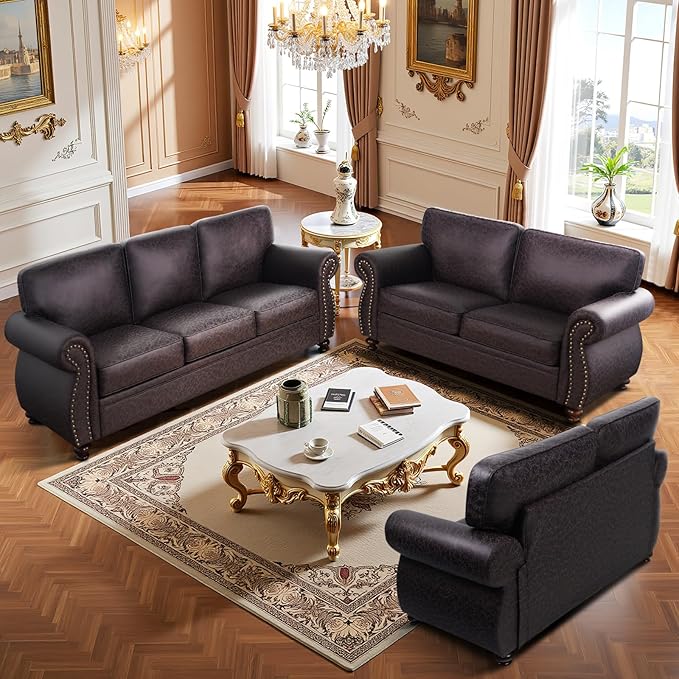 Mid-Century Vintage Sofa Couches with Rivet Design,3-Seater Sofa,Removable Sofa Cover Upholstered Cushions and Solid Wood Frame (Brown, 3-Seater)