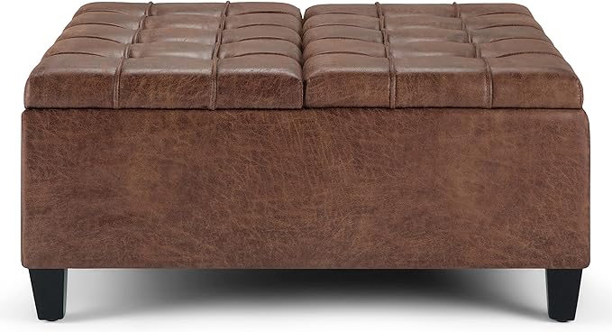 SIMPLIHOME Harrison 36 inch Wide Transitional Square Coffee Table Storage Ottoman in Distressed Umber Brown Vegan Faux Leather, Assembled, For the Living Room and Bedroom