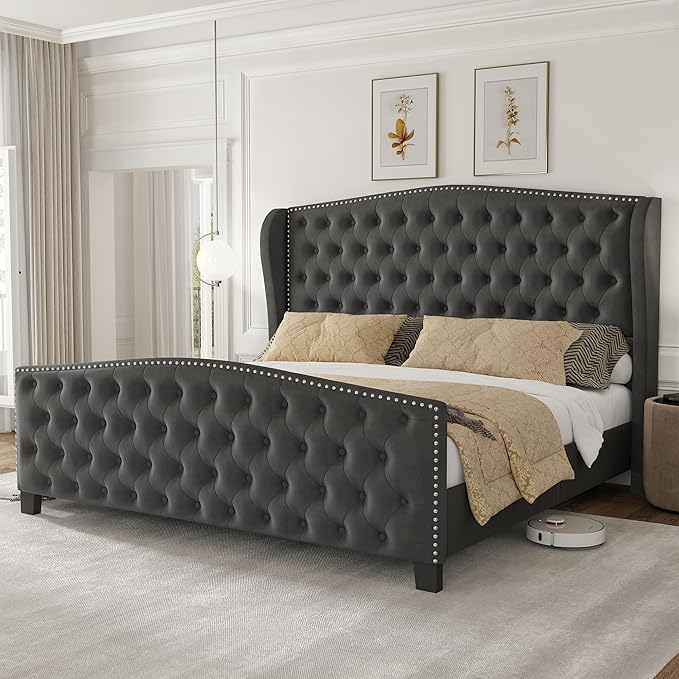 LARMACE King Size Bed Frame Velvet Upholstered Platform Bed with Wingback Headboard & Footbaord, Deep Button Tufted Bed Frame with Wood Slats Support, No Box Spring Needed, Grey