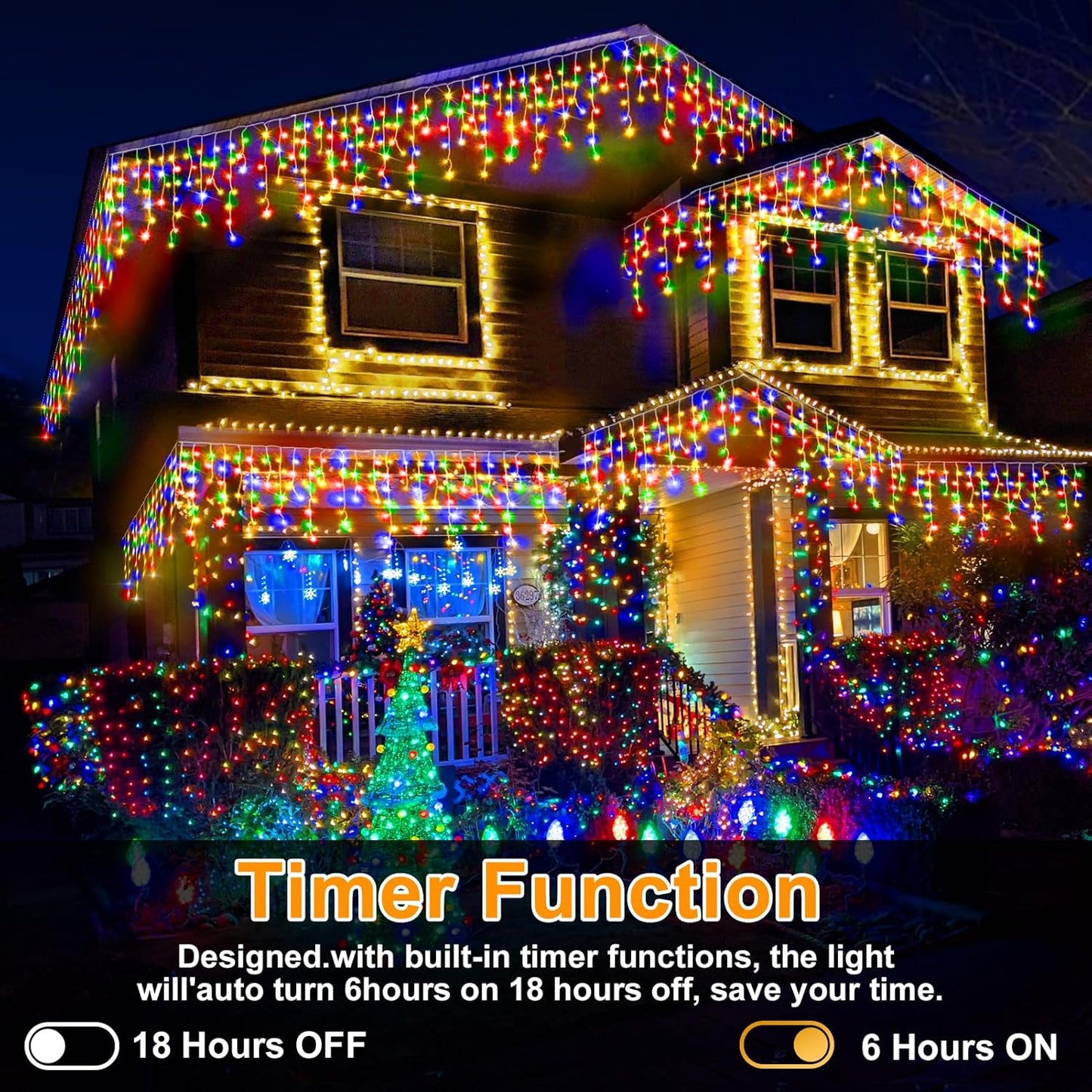 Heceltt Christmas Lights Outdoor, 66FT 640LED Ice Lights 8 Modes with 120 Drops,IP44 Waterproof Timer Memory Function for Christmas Decorations (Multicolor)