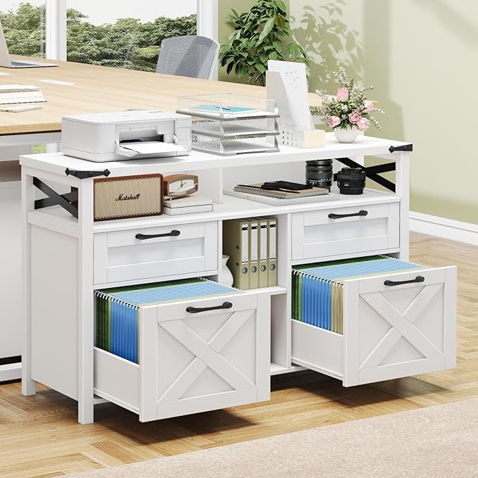 Filing Organization Storage Cabinets 4 Drawer with Adjustable Shelf, Lateral Filing Cabinet with Open Storage Shelf for Home Office, Farmhouse File Cabinets for Hanging Files Letter/A4.(White)