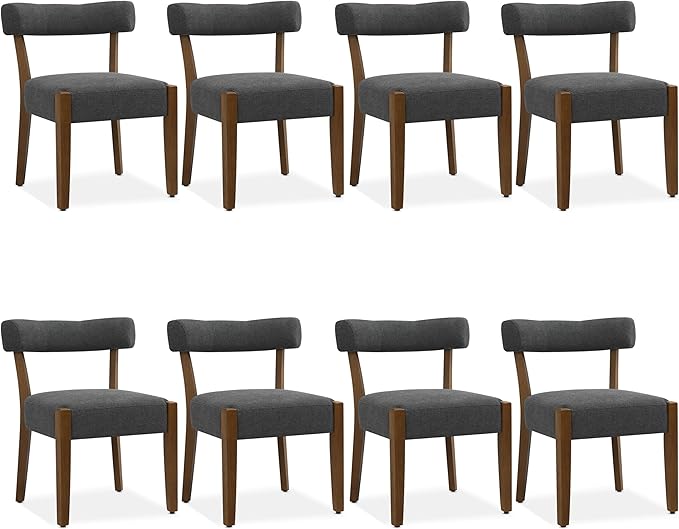 Modern Dining Chairs Set of 8, Walnut Upholstered Kitchen & Dining Room Chairs, Mid Century Wooden Dining Chairs Oversized Sturdy Fabric Rounded Chairs Curved Back, Dark Grey