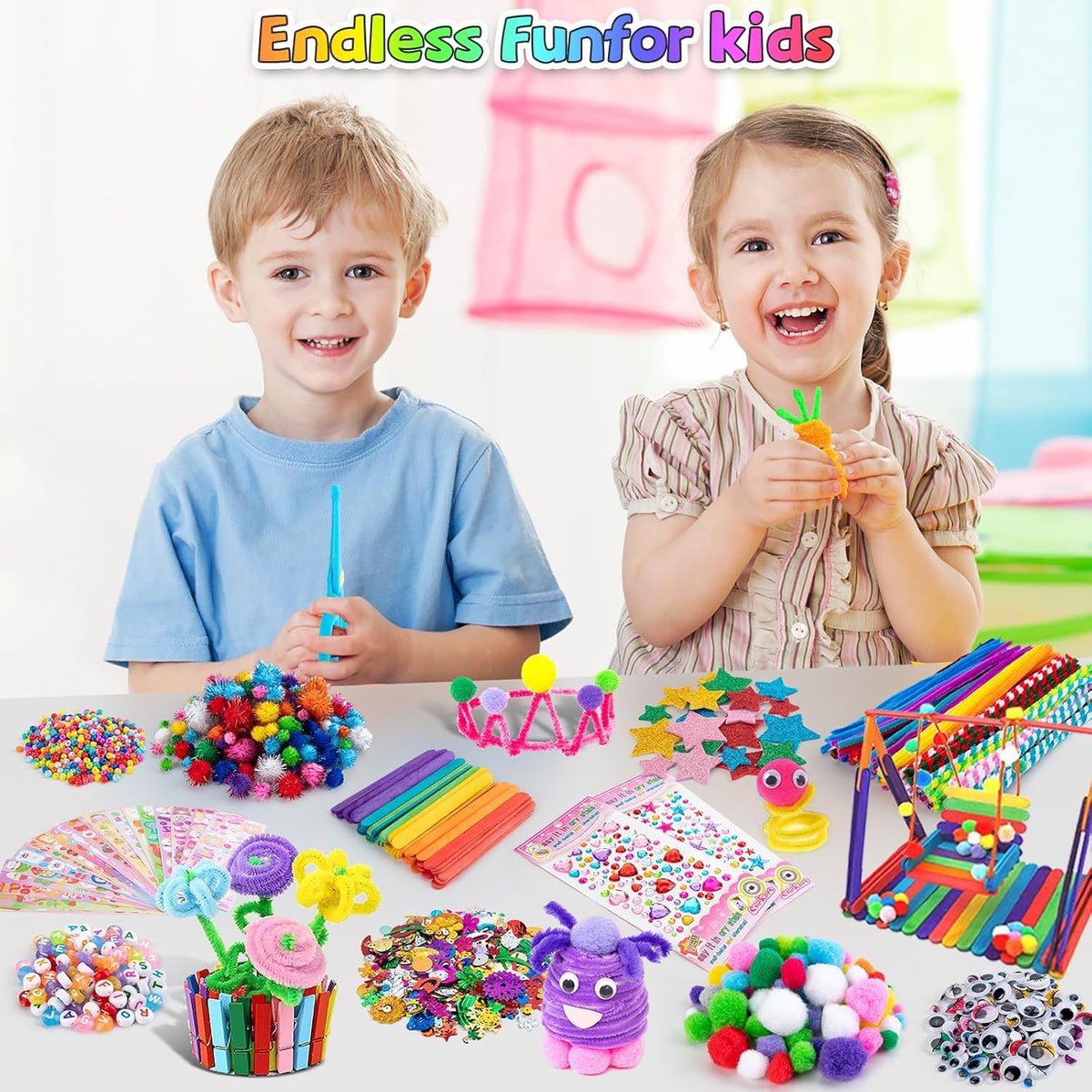 Sundaymot Arts and Crafts Supplies for Kids, 2000+Pcs DIY Craft Kits, Ages 6-10, Unisex, Multicolor, Modern, Includes Oxford Cloth Bag, Safetu Scissors