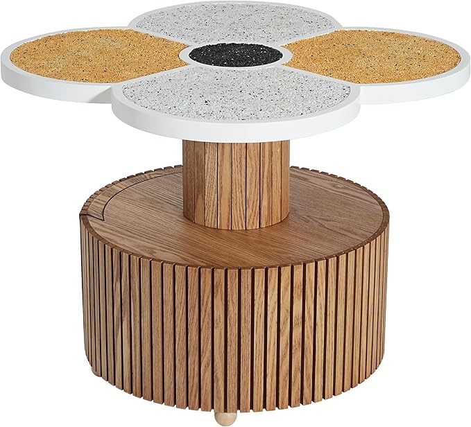 Christopher Knight Home Maven Four-Leaf Clover Side Table with Drawer, Modern Sofa End Table for Living Room, Wooden Accent Table with Pedestal Base, Natural+Yellow+White