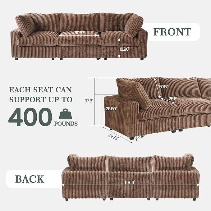 Modern Modular Sectional Sofa, 118.11" Oversized Cloud Sectional Couch, 3 Seat Comfy Modular Couches for Living Room, Plush Couch Cushion Covers Removable, Brown