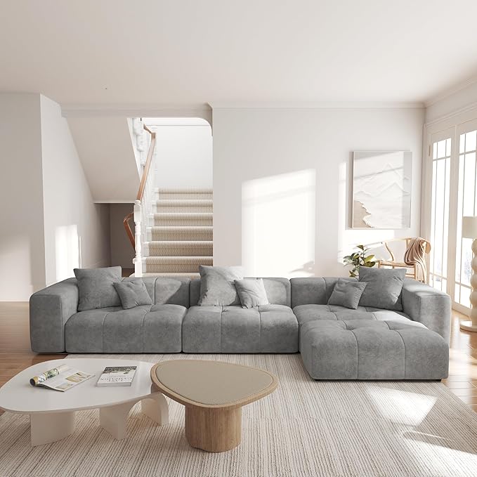 JACH 144.1 Inch L-Shaped Modular Sofas, Modern 3-Seater Couch with Chaise Ottoman, Mid Century Modern Sectional Couches, Cozy Sleeper Sofa for Apartment/Living Room (Linen Fabric, Grey)