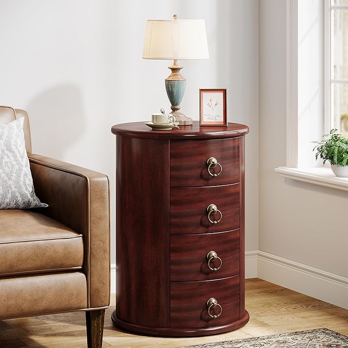 Tribesigns Solid Wood End Table, Round Side Table with 4 Drawers, Vintage Bedside Table Nightstand for Small Spaces, Living Room, Bedroom, No Assembly Required (1, Cherry Brown)