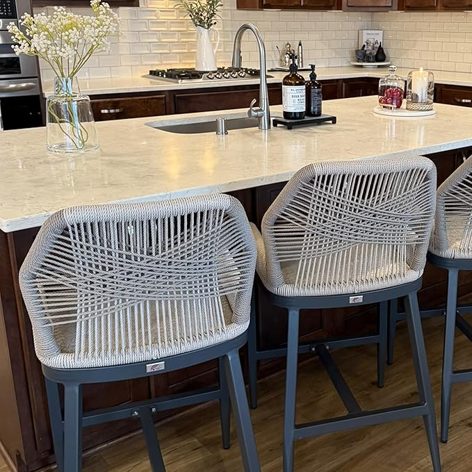 PURPLE LEAF 2 Pieces Bar Stools Patio Modern Rattan Barstools Aluminum Woven Tall Bar Chairs with Cushions for Outdoor Kitchen Island Garden