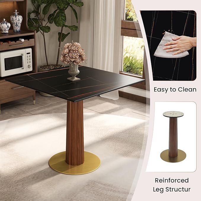 Sintered Stone Square Office Table - Meeting Desk for Small Offices (Dark Brown Leg and Black Top, 1 Table Only)