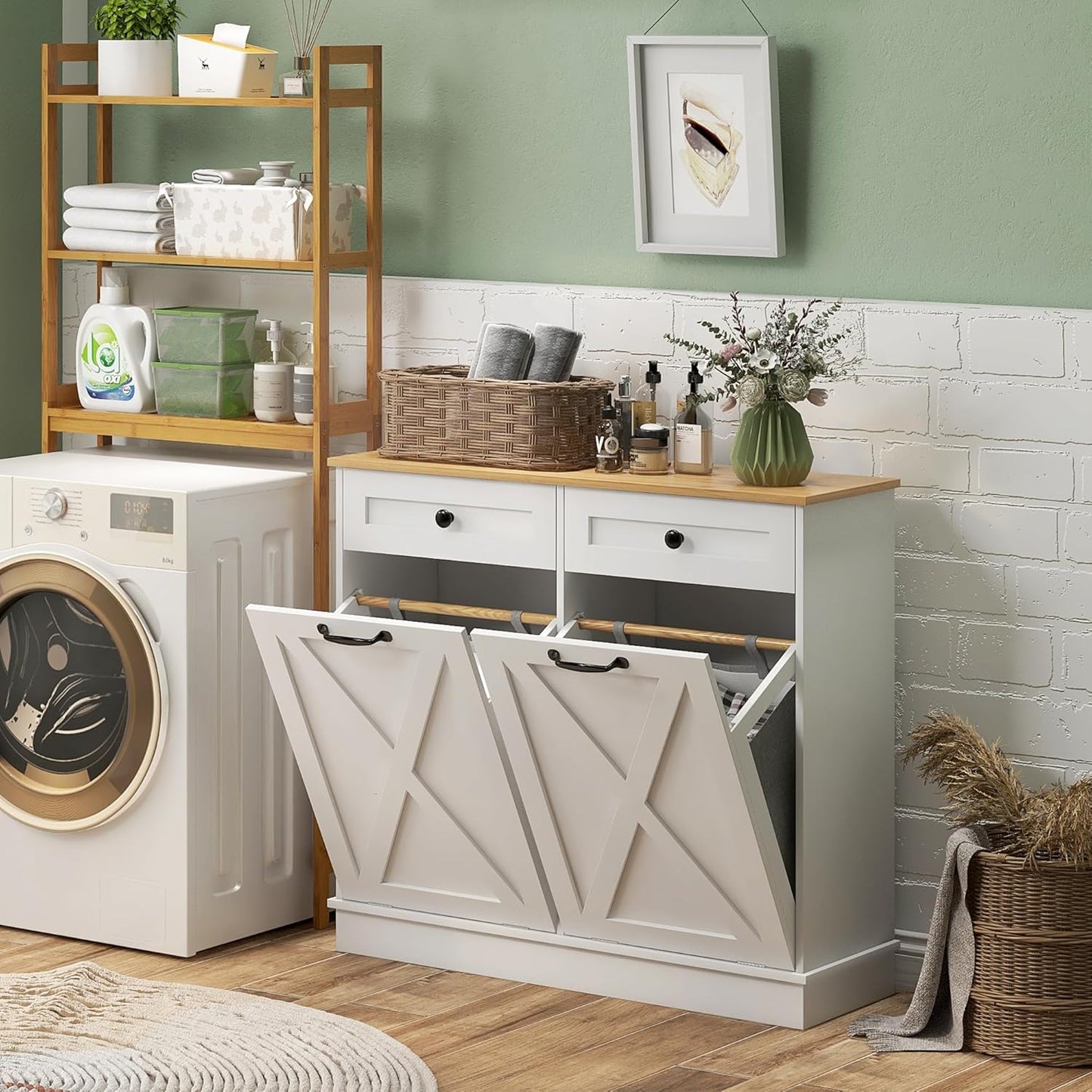HOMCOM Tilt Out Laundry Hamper Cabinet with 2 Removable Baskets, Freestanding Bathroom Storage Cabinet with 2 Drawers, Trash Can Cabinet for Living Room, Laundry Room, White
