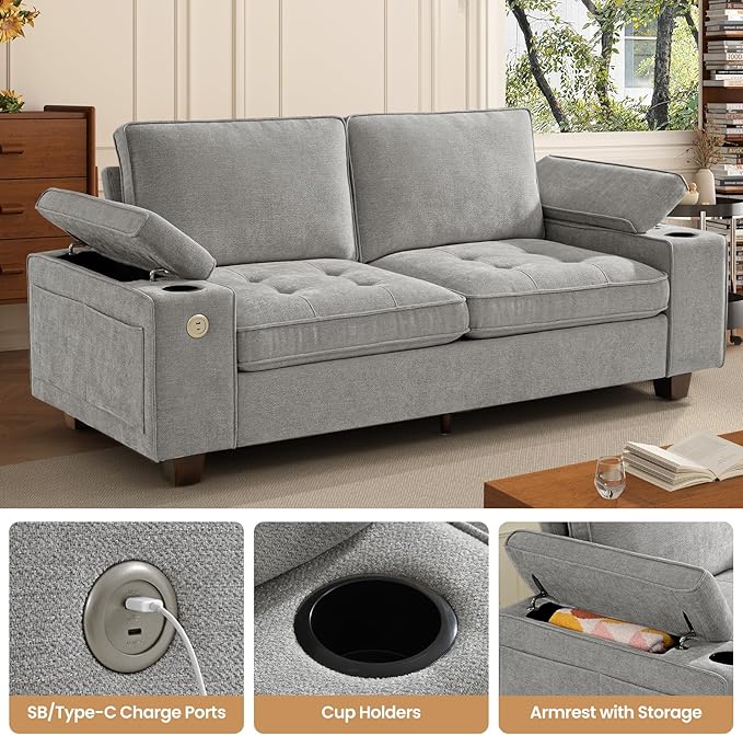 84" Loveseat Couch for Living Room,Modern Chenille Upholstered Sofa with Adjustable Storage Armrest,Cup Holders,USB & Type-C Ports,Solid Wood 2-Seater Loveseat Sofa for Apartment(Gray)