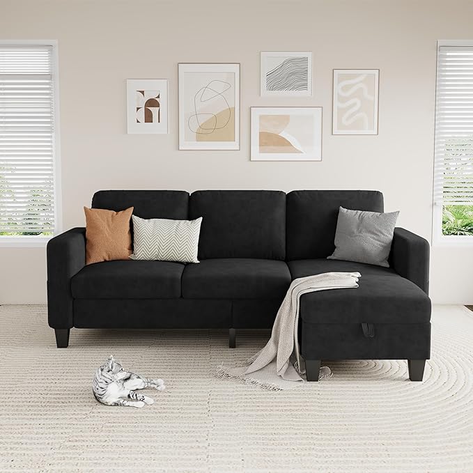 Sectional Sofa and Couches for Living Room, 78'' Black 3 Seat L-Shaped Couch with Movable Ottoman, Comfy Velvet Convertible Sectionals Sofas with Chaise for Apartment, Office, Small Space