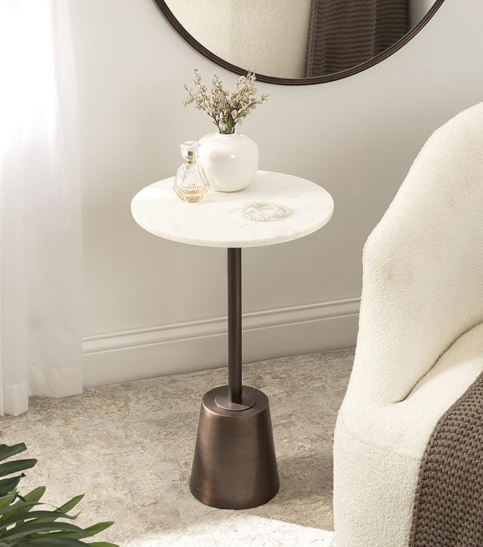 Kate and Laurel Tira Round Side Table, 14 x 14 x 24, White and Bronze, Decorative Pedestal Style End Table for Use as a Bedroom Nightstand or Living Room Accent