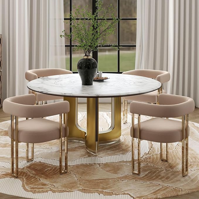 Velvet Dining Chairs Set of 4, Khaki Upholstered Barrel Armchairs with Gold Metal Legs for Kitchen Island, Mid Century Modern Accent Side Chairs for Dining Room and Living Room, Open-Back