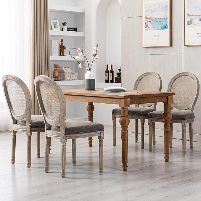 Farmhouse Leather Dining Room Chairs Set of 6 French Dining Chairs with Round Rattan Back French Bistro Chairs for Dining Room/Living Room/Kitchen/Restaurant, Grey
