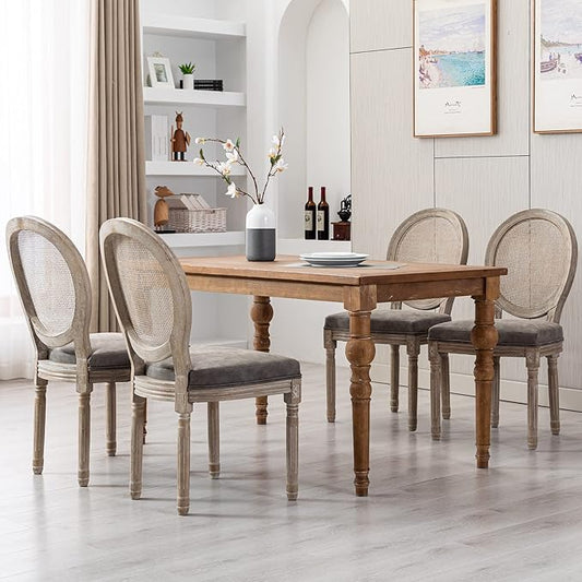 Farmhouse Leather Dining Room Chairs Set of 4 French Dining Chairs with Round Rattan Back French Bistro Chairs for Dining Room/Living Room/Kitchen/Restaurant, Grey