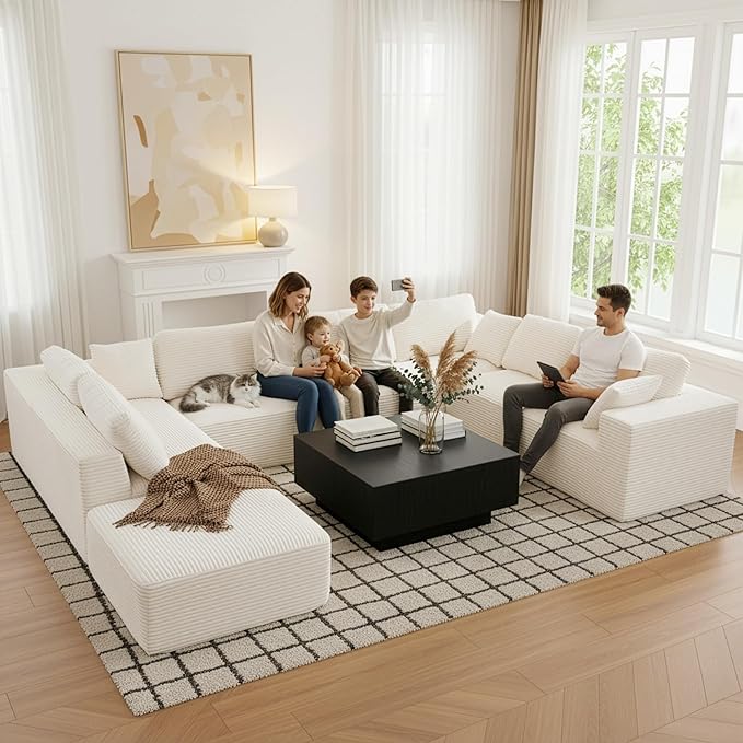 Modular Sectional Cloud Couch for Living Room,Modern Boneless Couche Set with Plush Corduroy,Comfy Floor Sofa with Memory Foam,Stupendous U Shaped Sofa with Chaise,No Assembly Required,Beige