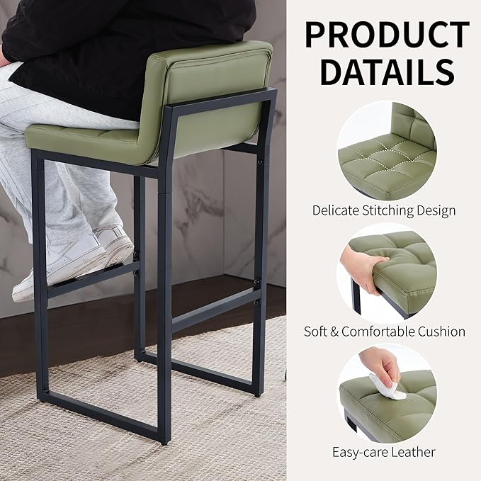 Counter Height Bar Stools Set of 4, Modern Counter Stools with Back and Thickened Metal Legs, Armless Bar Chairs for Kitchen Island (Avocado Green, 4Pcs 26" Bar Stools)