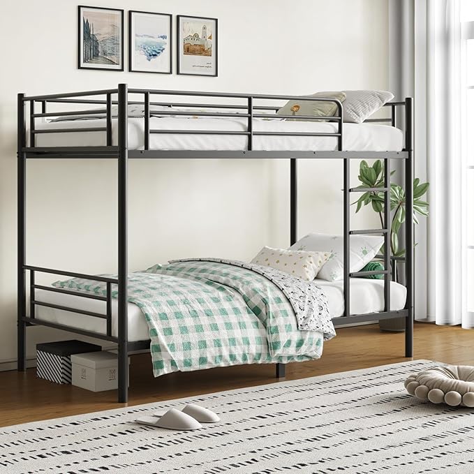 Bunk Beds,Bunk Bed Twin Over Twin for Kids Teens Adults with Ladders and Guardrail,Sturdy Literas Heavy Duty Metal Slats,400 lbs Capacity,No Spring Box Required,Black