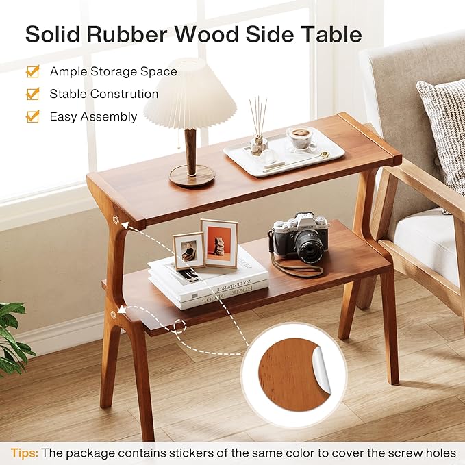 Tribesigns Narrow Side Table, 2-Tier Solid Wood End Table with Storage, Modern Tall Couch Side Table for Living Room, Slim Bedside Table for Bedroom, Small Spaces, Cherry
