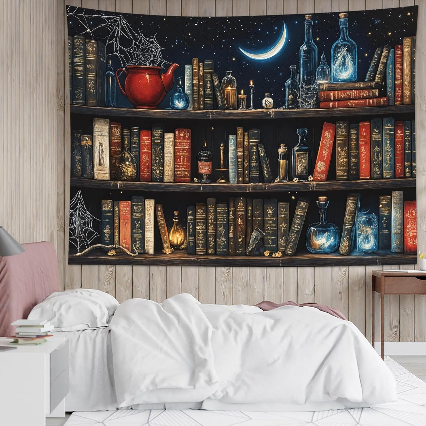 LB Gothic Bookshelf Tapestry, Horror Spider and Vintage Book Halloween Wall Tapestry for Bedroom Aesthetic, Galaxy Moon Wall Art for Living Room Dorm Home Decor Ready to Hanging, 60 x 40 Inches