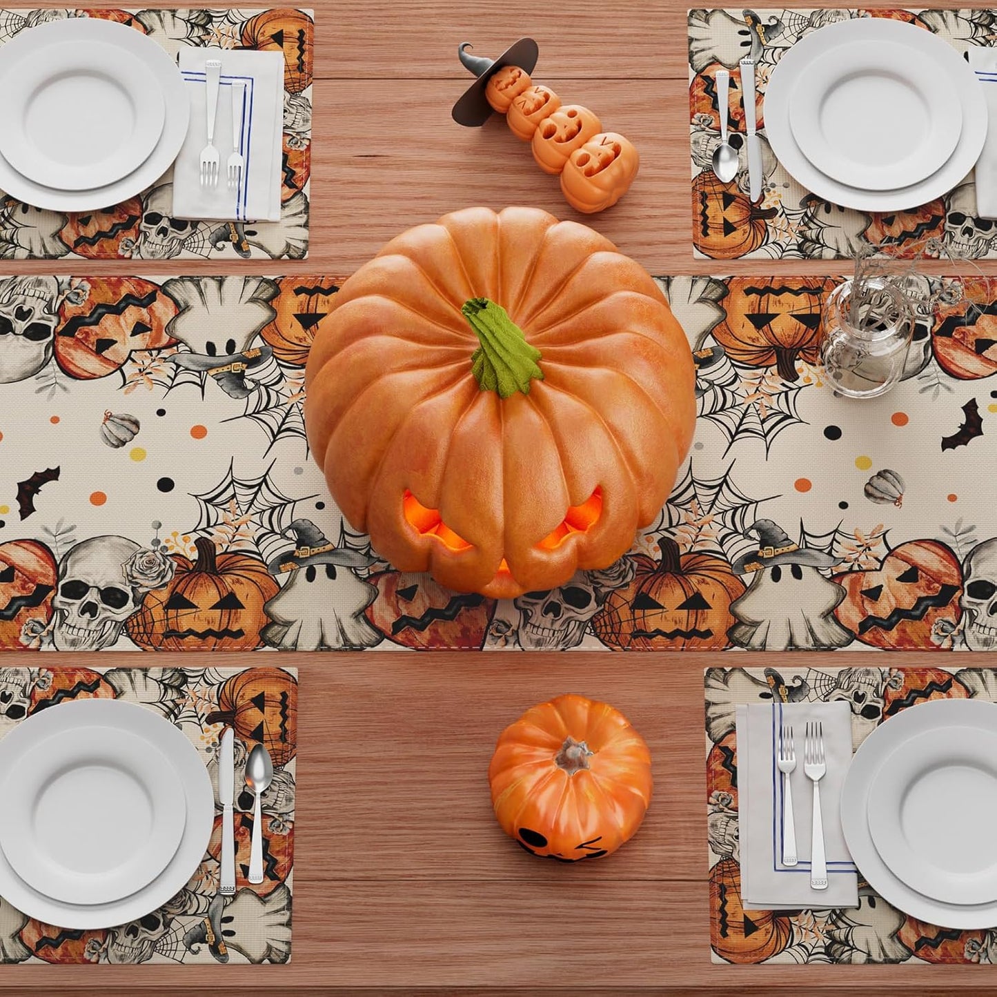 XCHI Spooky Skeleton Ghost Pumpkin Halloween Table Runner Party Table Decoration for Home Kitchen Dining Holiday Decor 13x36 Inch