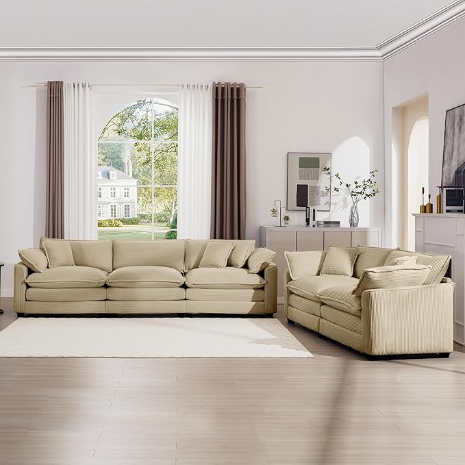 mikibama Luxury 2 Piece Sofa Set, 3-Seater & Loveseat Couch Set, Modern Corduroy Comfy Cloud Couches Set for Living Room Office with 4 Armrest Pillows and 5 Toss Pillows, Camel