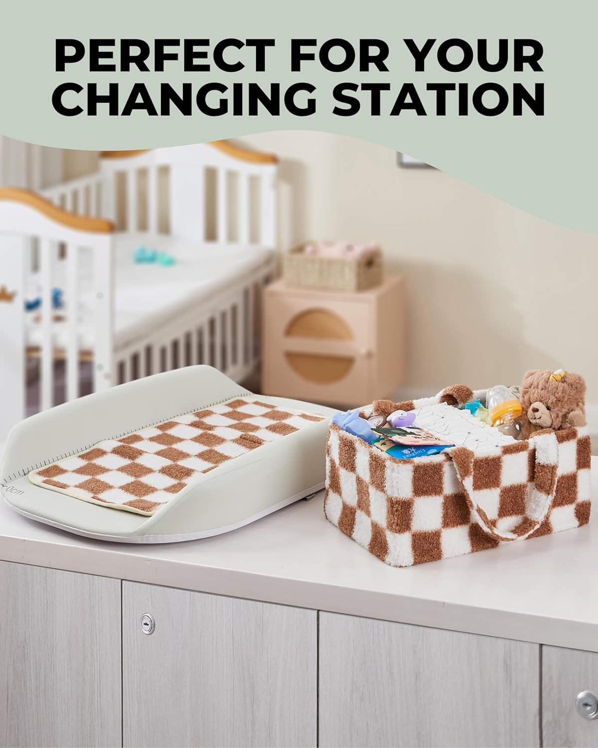 Checkered Diaper Caddy Organizer with Portable Changing Mat - Teddy Fleece Diaper Organizer for Changing Table - Caddy Organizer with Removable Dividers - Light Taupe and White