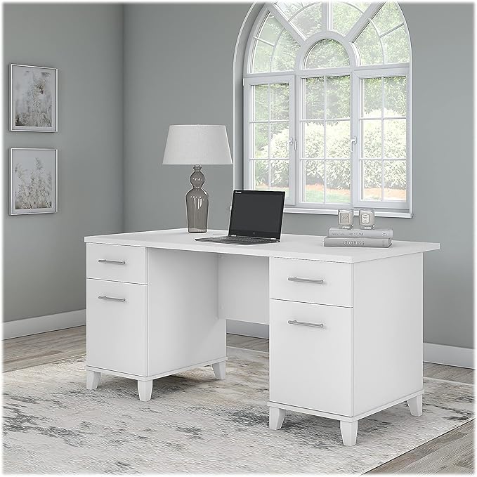 Bush Furniture 60-inch Home Office Desk with Drawers, Large Computer Table with Storage, Transitional Style, Somerset Collection, White