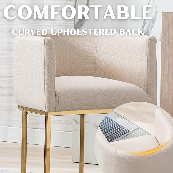 Contemporary Cream Linen Bar Stools Set of 4, 24" Upholstered Fabric Counter Height Barstools Kitchen Counter Island Stools with Golden Metal Base