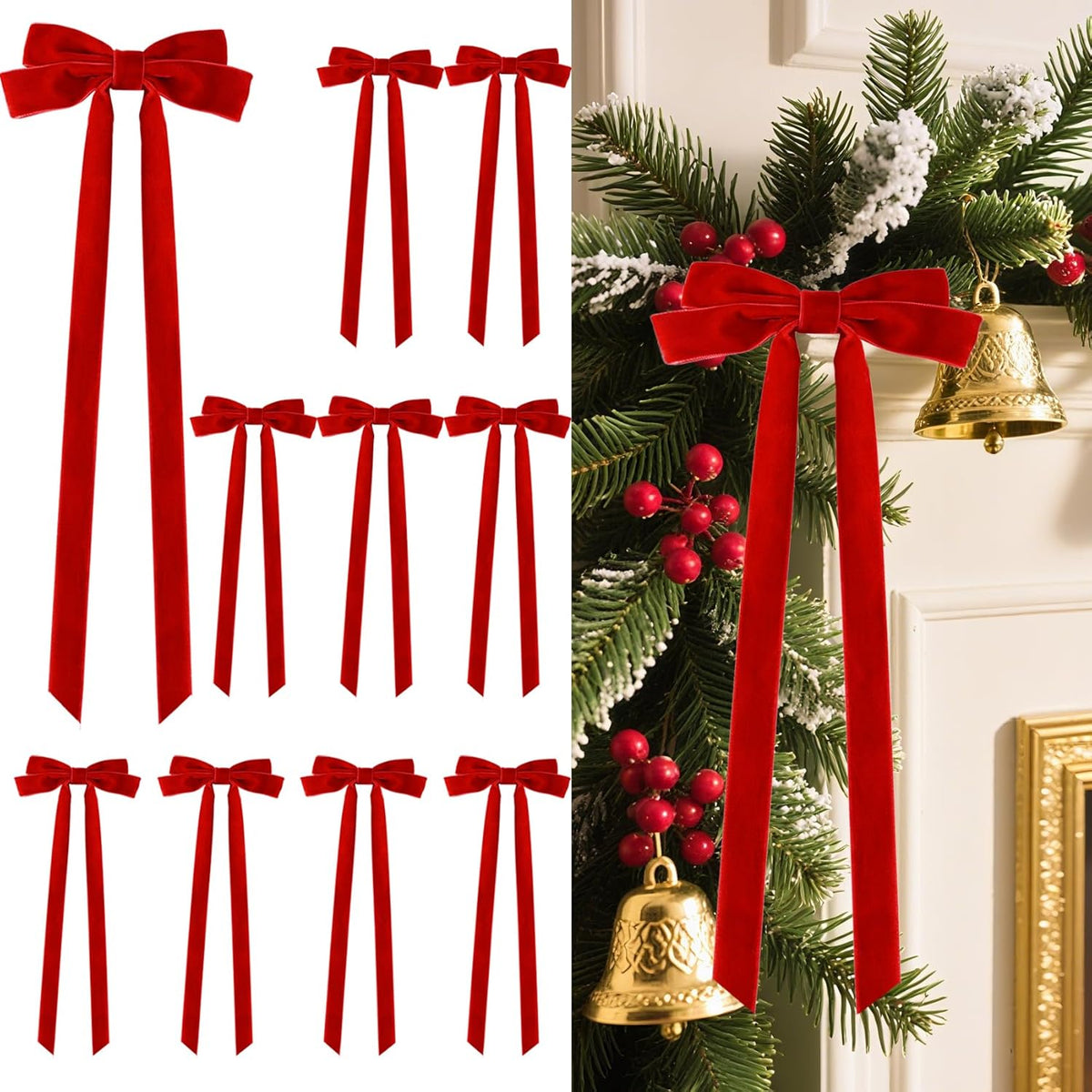 Senjie 10Pcs Large Velvet Christmas Tree Bows, 20in x 8in Premade Vintage Ribbon Tree Topper Bows Ornaments for Staircase Garland Wreath Holiday Home DIY Crafts Decorations, Red