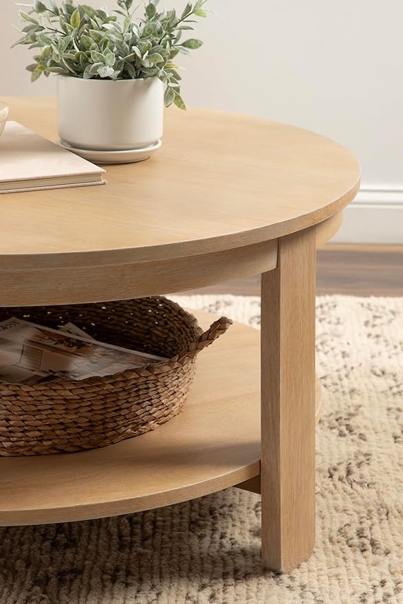 Kate and Laurel Foxford Tiered Round Coffee Table; 34 x 34 x 17; Light Natural; Transitional Two-Tier Circle Living Room Table with Storage and Resilient Wood Construction