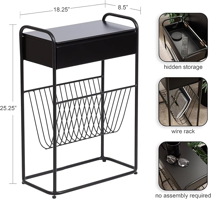 Kate and Laurel Kura Elegant Narrow Side Table, 19 x 9 x 26, Black, Modern Glam Slim Lift-Top Living Room End Table with Bottom Wire Rack for Entryway or Family Room Storage