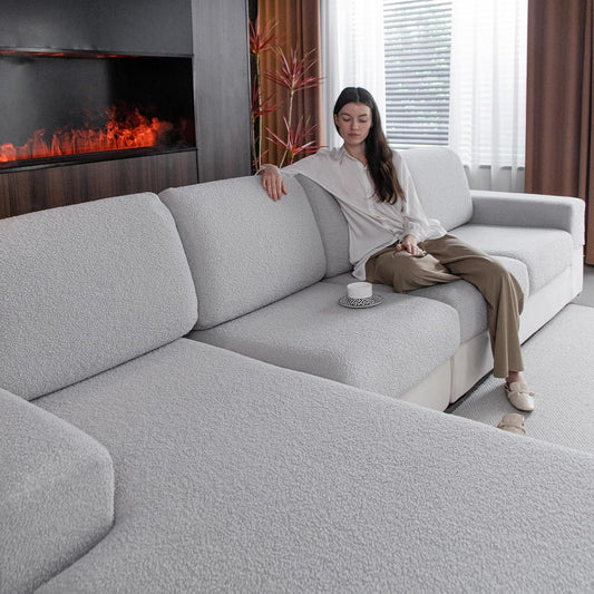 Couch Cushion Covers for Sectional Sofa, Stretch Soft Sofa Slipcovers Washable Wear-Resistant Universal Furniture Protector for Living Room(3 Seaters Covers, Light Gray)