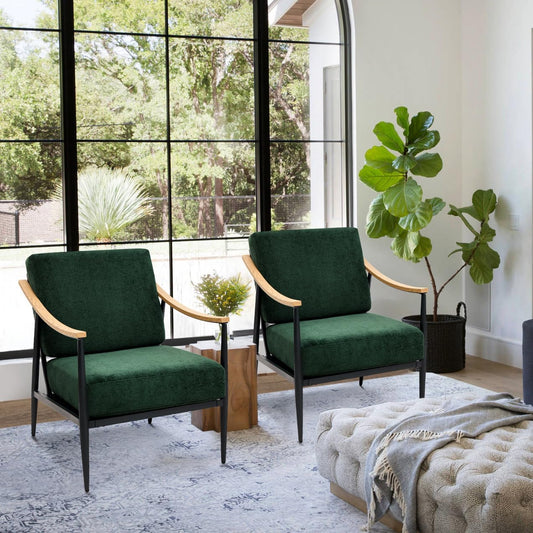 Modern Accent Chairs Set of 2 for Living Room Bedroom Mid Century Arm Chairs Upholstered Office Accent Chairs Comfy Waiting Room Chairs with Metal Frame, Green