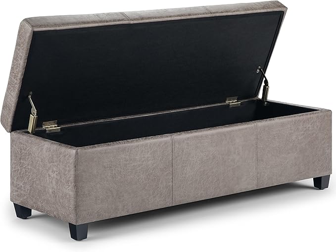 SIMPLIHOME Avalon Storage Ottoman Bench - 48 inch Wide Upholstered Vegan Leather Rectangular Lift-Top Ottoman in Distressed Grey Taupe, Contemporary Bench for Living Room with High-Density Foam