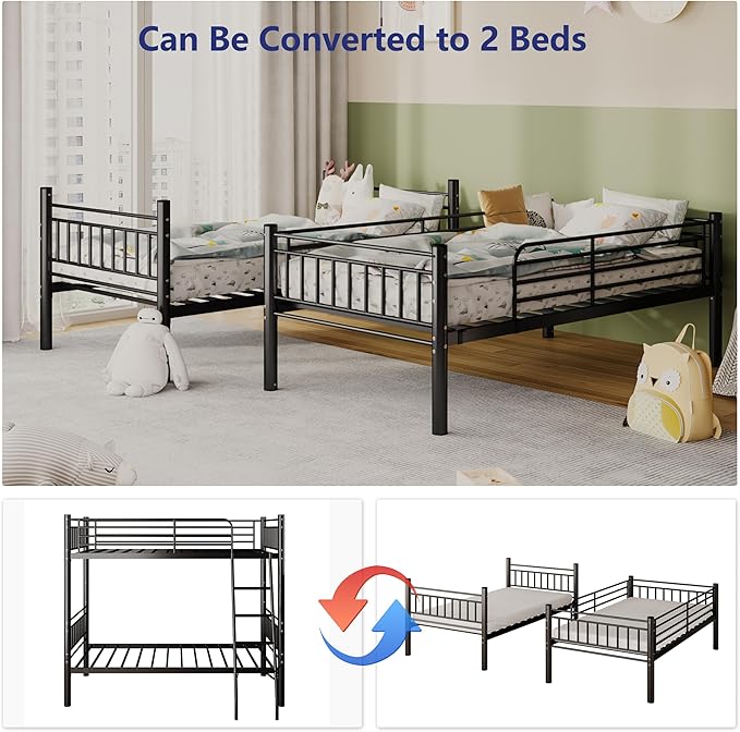 Metal Bunk Bed Twin Over Twin，Loft Bed with Removable Ladder and Full-Length Guardrail，Twin Bunk Beds Frame Heavy Duty Metal Slat Support for Adults, Kids and Young Teens (Black)