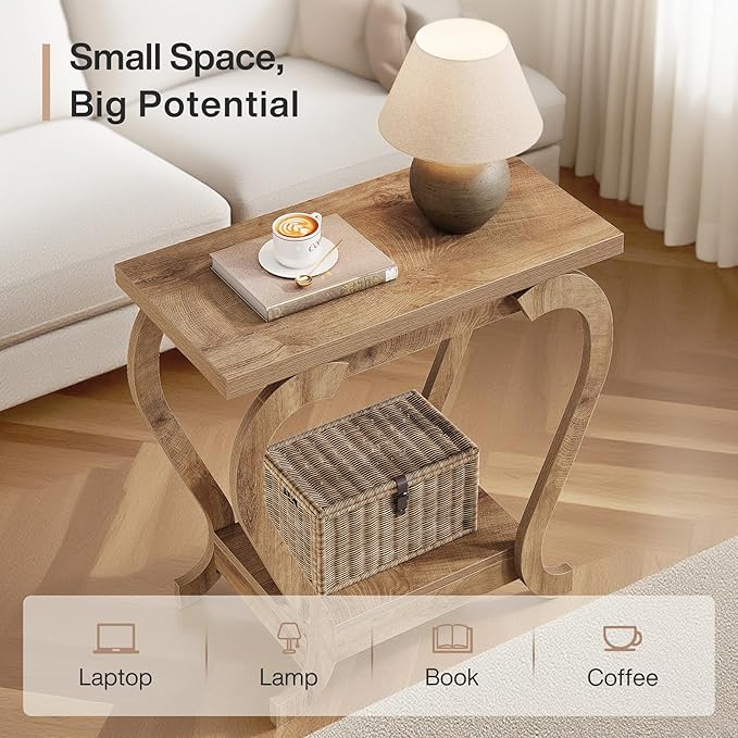 Tribesigns End Table, Narrow Wood Side Table with Storage Shelves, 2-Tier Bedside Accent Furniture for Living Room, Small Spaces, Bedroom, Brown (1, Brown)