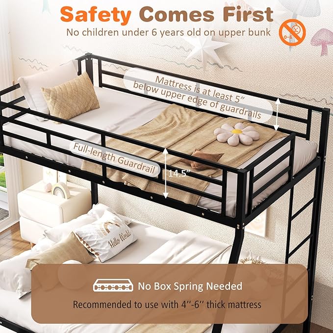 Giantex Metal Bunk Beds Twin Over Full Size, Heavy Duty Loft Bunk Bed with Ladder & Guardrail, Space Saving Bunk Bed for Dorm Apartment, Teens & Adults, Noise-Free, No Box Spring Needed, Black