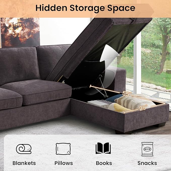RISAR 100" L-Shaped Sofa with Chaise and Built-in Storage for Living Room, Couch with Chenille Fabric, Removable Cushion Covers & USB Type-C Ports (Dark Gray)