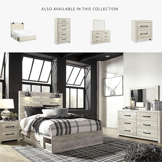 Signature Design by Ashley Cambeck Farmhouse Queen Panel Platform Bed with 4 Storage Drawers, Cubbies, Sconce Lights and USB Ports, Foundation or Box Spring Not Needed, Whitewash