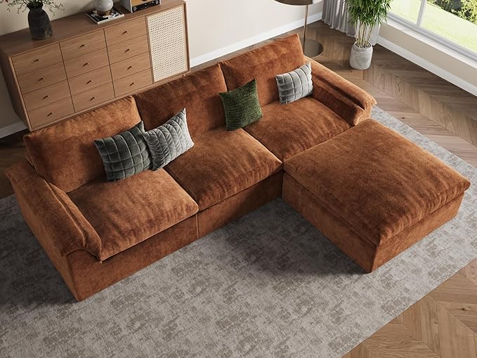 EASE MOOSE Oversized Sectional Cloud Couch for Living Room, Modular Boneless Sofa L-Shaped, Cloud Sofa Set with Fluffy Foam, 4-Seater Comfy Sofas with Ottoman for Bedroom Apartment, Chenille (Brown)