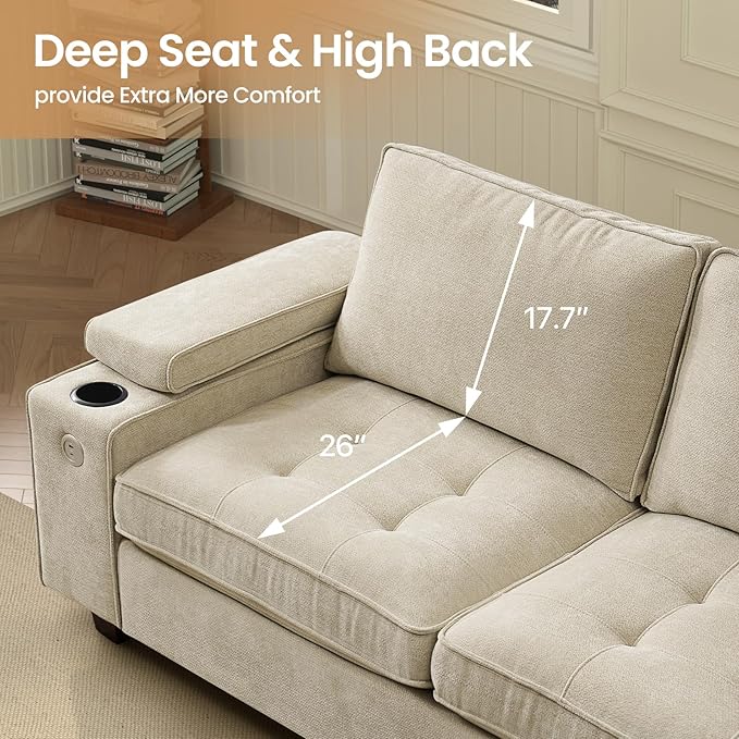 84" Loveseat for Living Room,Modern Chenille Upholstered 2-Seater Loveseat Couch for Apartment,Solid Wood Sofa with Adjustable Storage Armrest,Cup Holders,USB & Type-C Ports(Beige)