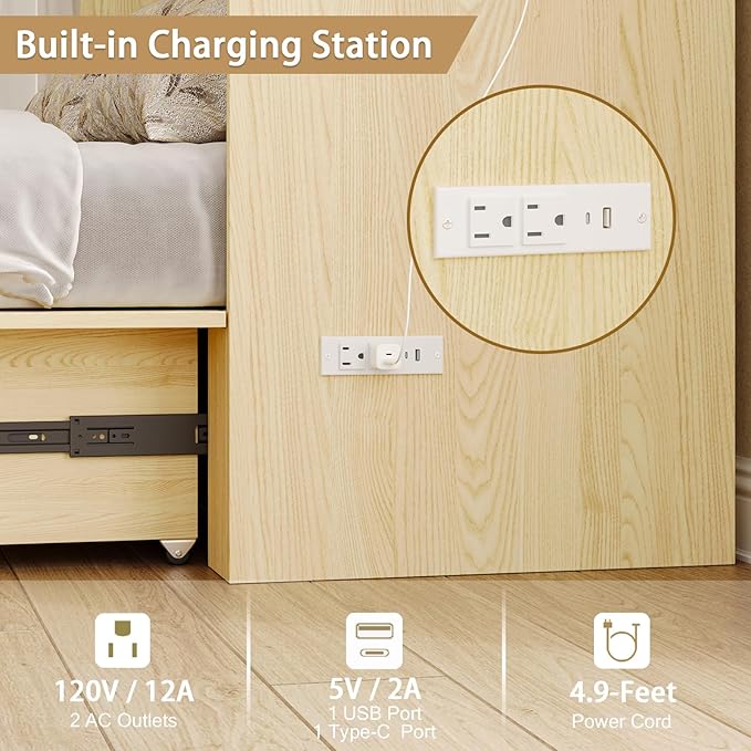 Full Size Murphy Bed with Charging Station, Wall-Mounted Hideaway Bed with Foldable Panel for Home Office, Small Rooms, Guest Bedrooms, Living Rooms, Natural