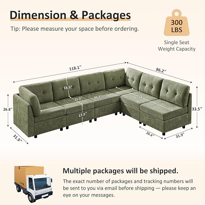 VANOMi 6 Seat Cloud Couches for Living Room, 118" Convertible Modular Cloud Sofas & Couches, Comfy Chenille Sectional Couch Sofa for Apartment, Office, Olive Green, L/U Shaped