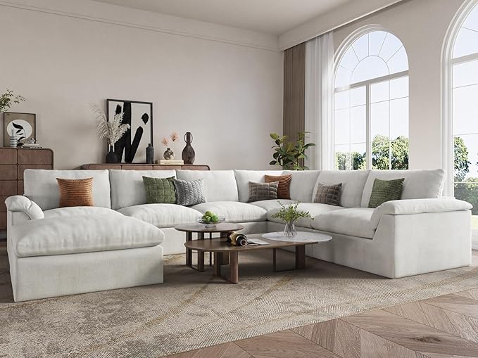 EASE MOOSE Oversized Sectional Cloud Couch-7-Seat, U-Shaped Deep-Seat Modular Boneless Sofa, No-Assembly Chenille Sofa for Living Room, White