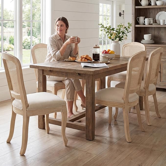 Wicker Dining Chairs Set of 4, Upholstered Linen Fabric Dining Room Chairs with Square High Rattan Back Farmhouse French Kitchen Chairs for Dining Table/Living Room/Restaurant, Cream