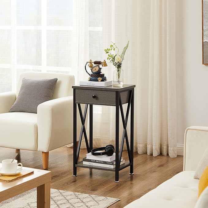 VECELO Tall Nightstand,27.6 inch Wooden End Table with Metal X-Frame,Side Table with Drawer and Storage Shelf for Living Room Bedroom Entryway Small Spaces