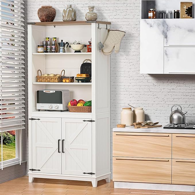 70in Tall Bookshelf 5 Tier Bookcase with Barn Doors and Storage Cabinet, White Farmhouse Book Shelf with Adjustable Shelves, Wood Freestanding Display Bookshelves for Bedroom, Kitchen (3PCS)