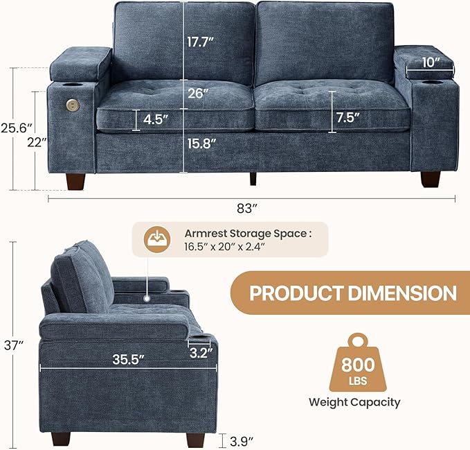 84" Loveseat for Living Room,Modern Chenille Upholstered 2-Seater Loveseat Couch for Apartment,Solid Wood Sofa with Adjustable Storage Armrest,Cup Holders,USB & Type-C Ports(Blue)